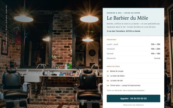 Aperçu du site de démonstration Le Barbier du Môle, entreprise fictive : haut de page, titre et bouton d'appel
