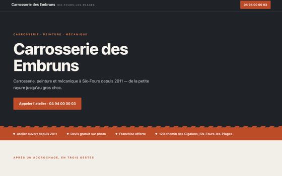 Aperçu du site de démonstration Carrosserie des Embruns, entreprise fictive : haut de page, titre et bouton d'appel