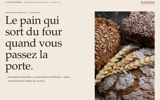 Aperçu du site de démonstration Le Four d'Ambre, entreprise fictive : haut de page, titre et bouton d'appel
