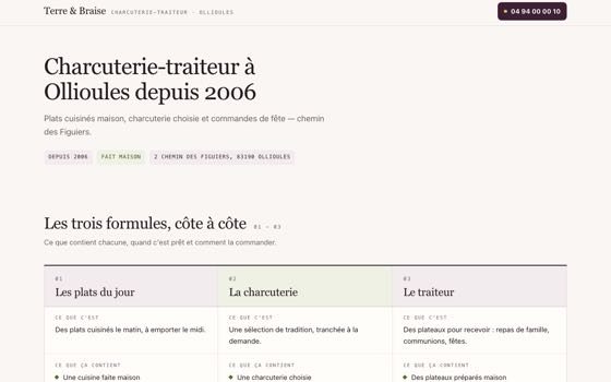 Aperçu du site de démonstration Terre & Braise, entreprise fictive : haut de page, titre et bouton d'appel