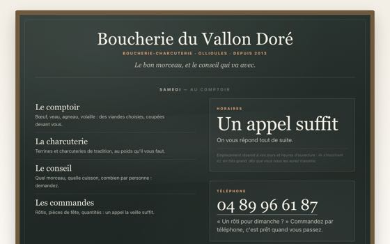 Aperçu du site de démonstration Boucherie du Vallon Doré, entreprise fictive : haut de page, titre et bouton d'appel